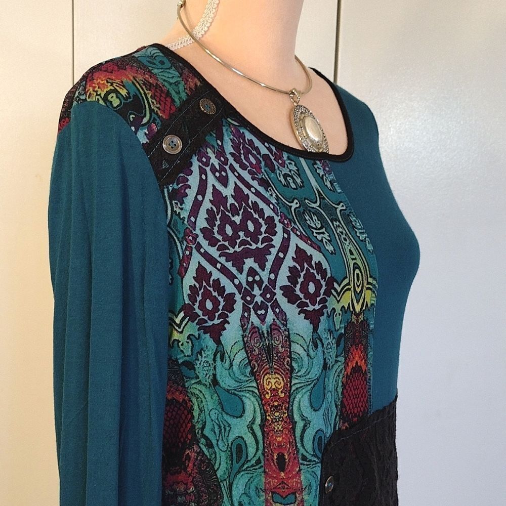 VTG Turquoise Multimedia Patchwork Long Sleeve Fa… - image 10